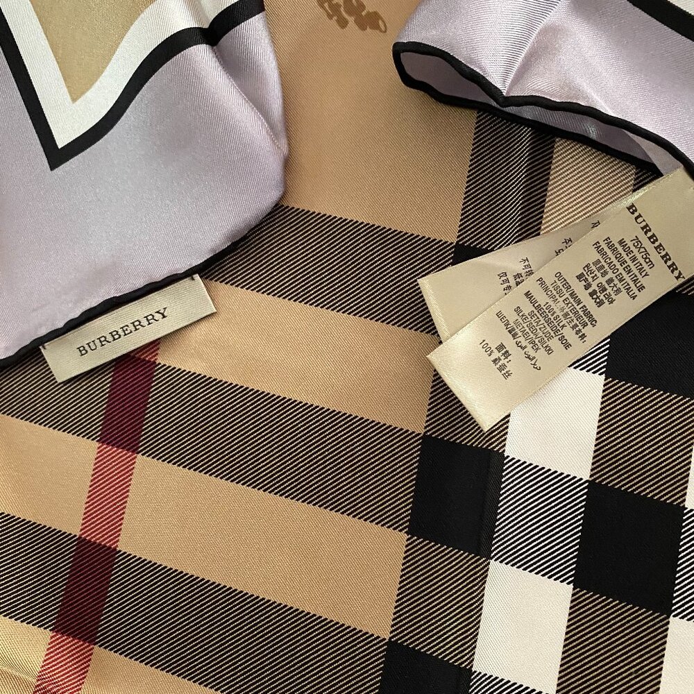 New Burberry Scarf Beige Check Gray Border Silk Wrap - Picture 9 of 15